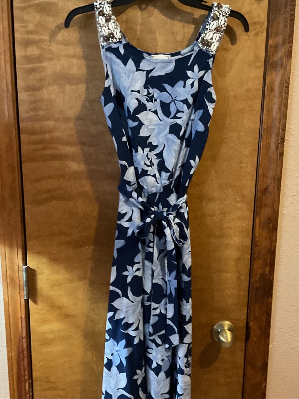 Navy Floral Sleeveless Maxi Dress with Beaded Straps